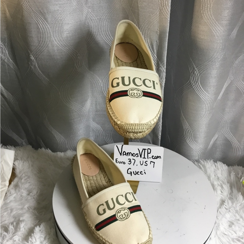 Gucci Cream Canvas Espadrilles with Green-Red Web Stripe